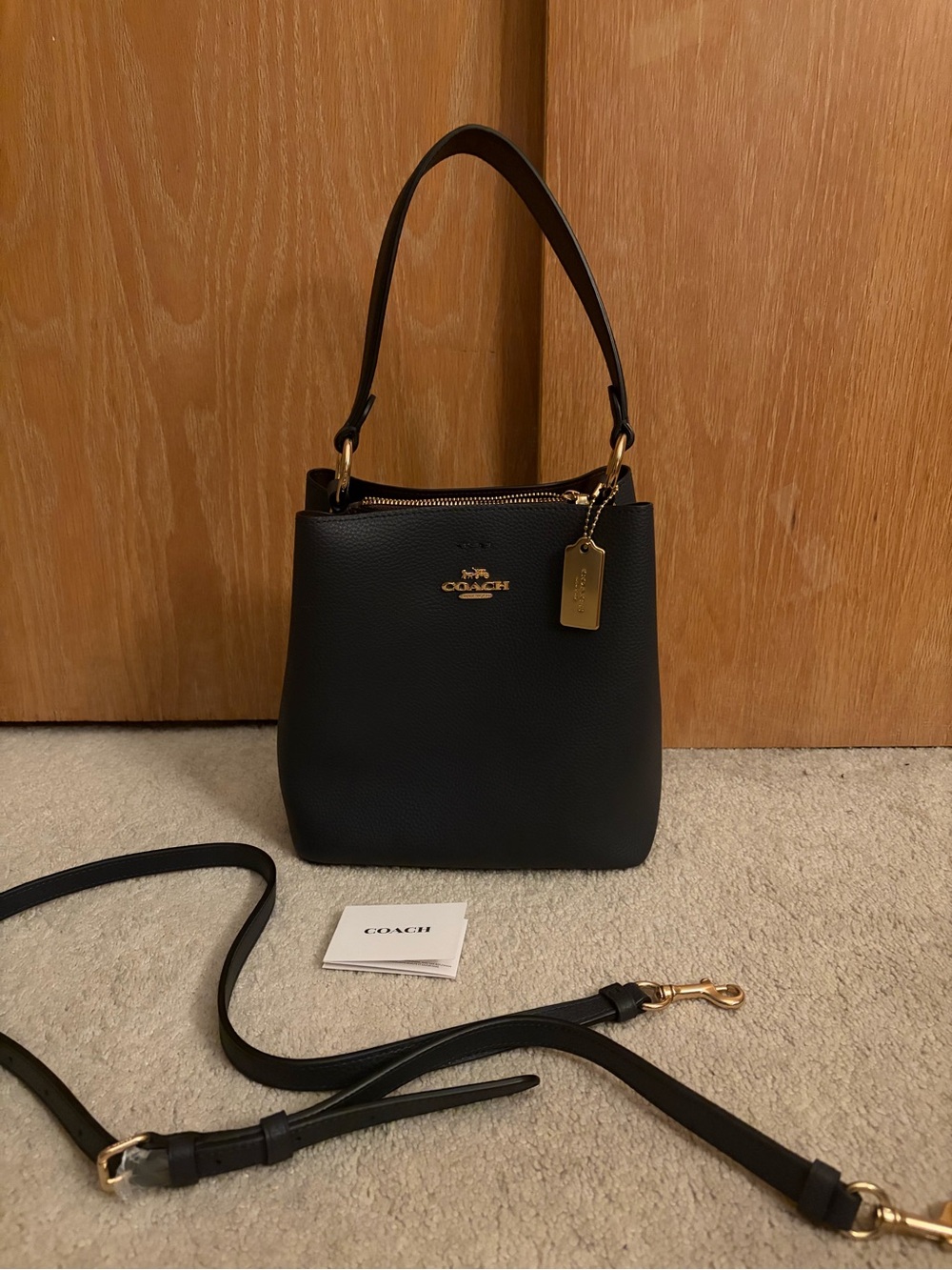 COACH Navy Pebbled Leather Bucket Shoulder Bag with Gold Hardware